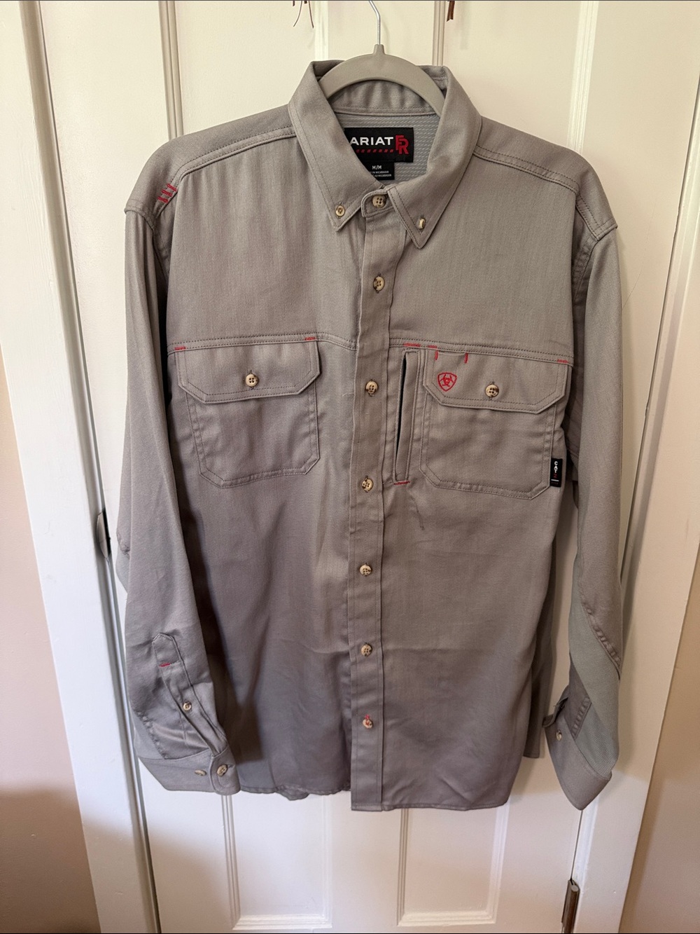 Ariat FR Gray Long Sleeve Button-Down Work Shirt with Subtle Red Accents